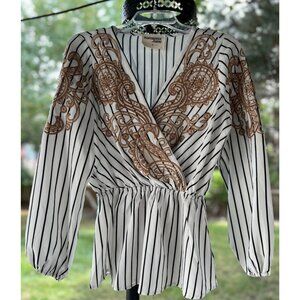 NEW Savanna Jane Top Blouse Women S White Embroidered Elastic Waist Boho Preppy